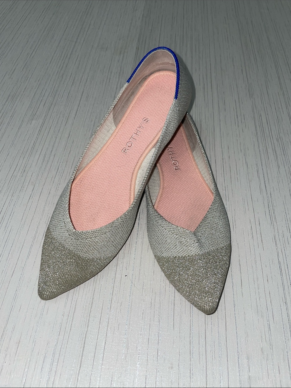 Rothy's Pointed Toe Flats in Silver Knit with Pink Insole and Blue Trim
